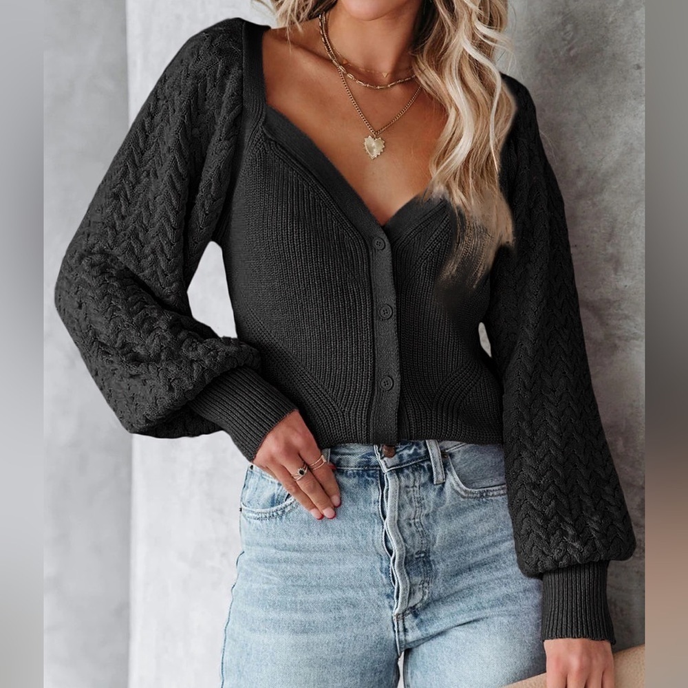 Black Puff Sleeve V Neck Sweater.